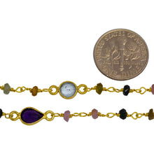 Load image into Gallery viewer, Brass Gold Plated 3.50mm Width by 2.60mm Length Natural Hand Cut Tourmaline MultiStone Chain, With MultiStone Bazel Set Connected by 3.16mm Width / Length Smooth Circle on each side, Every 3 Inches, Bazel Set Chain. Price per: 1 Inch.