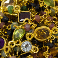 Load image into Gallery viewer, Brass Gold Plated 3.50mm Width by 2.60mm Length Natural Hand Cut Tourmaline MultiStone Chain, With MultiStone Bazel Set Connected by 3.16mm Width / Length Smooth Circle on each side, Every 3 Inches, Bazel Set Chain. Price per: 1 Inch.