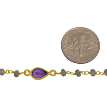 Load image into Gallery viewer, Sterling Silver Gold Plated 3.25mm by 2.41mm Natural Hand Cut Labradorite Stone Chain, With 5 Different Pattern of MultiStone Bezel Set Connected by 3.16mm Width / Length Smooth Circle on each side, Every 3 Inches, Bezel Set Chain. Price per: 1 Inch.
