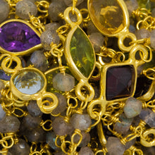 Load image into Gallery viewer, Sterling Silver Gold Plated 3.25mm by 2.41mm Natural Hand Cut Labradorite Stone Chain, With 5 Different Pattern of MultiStone Bezel Set Connected by 3.16mm Width / Length Smooth Circle on each side, Every 3 Inches, Bezel Set Chain. Price per: 1 Inch.