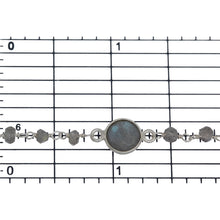 Load image into Gallery viewer, Sterling Silver 3.35mm Width by 2.50mm Length Natural Hand Cut Labradorite Stone With 7.96mm Width / Length Labradorite Round Bezel Set Connected by 3.10mm Width / Length Smooth Circle On Each Side, Every 3 Inches, Bezel Set Chain. Price per: 1 Inch.