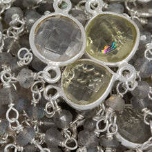 Load image into Gallery viewer, Sterling Silver 3.15mm Width by 2.50mm Length Natural Hand Cut Labradorite Stone With 9.00mm Width / Length Mutistone Round Bezel Set Connected by 3.10mm Width / Length Smooth Circle On Each Side, Every 3 Inches, Bezel Set Chain. Price per: 1 Inch.