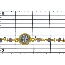 Load image into Gallery viewer, Sterling Silver Gold Plated 3.15mm Width by 2.50mm Length Hand Cut Labradorite Stone With 9.00mm Width / Length Mutistone Round Bezel Set Connected by 3.10mm Width / Length Smooth Circle On Each Side, Every 3 Inches, Bezel Set Chain. Price per: 1 Inch.