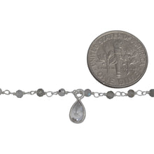Load image into Gallery viewer, Sterling Silver 2.40mm by 2.03mm Natural Hand Cut Labradorite Stone, With One 3.20mm Width / Length Smooth Circle Link Connected With One of 4.78mm Width by 6.58mm Length Tear Drop CZ Charm Hanging off the Chain, Gem Stone Chain. Price per: 1 Inch.