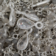 Load image into Gallery viewer, Sterling Silver 2.40mm by 2.03mm Natural Hand Cut Labradorite Stone, With One 3.20mm Width / Length Smooth Circle Link Connected With One of 4.78mm Width by 6.58mm Length Tear Drop CZ Charm Hanging off the Chain, Gem Stone Chain. Price per: 1 Inch.