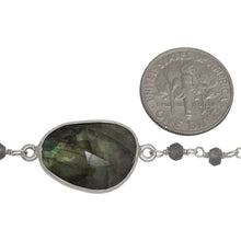 Load image into Gallery viewer, Sterling Silver 3.15mm Width by 2.50mm Length Natural Hand Cut Labradorite Stone With Labradorite Fancy Bezel Set Connected by 3.30mm Width / Length Smooth Circle On Each Side, Every 5 Inches, Bezel Set Chain. Price per: 1 Inch.