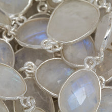 Load image into Gallery viewer, Sterling Silver 12.0mm Width / Length approximately Rainbow Moon Stone Fancy Bezel Set Connected by 3.35mm Width / Length Smooth Circle On Each Side, Followed by 3.8mm Width / Length Smooth Circle Link, Bezel Set Chain. Price per: 1 Inch.