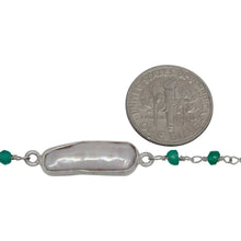 Load image into Gallery viewer, Brass Silver Plated 3.20mm Width by 2.40mm Length Hand Cut Green Onyx Gem Stone, Followed by 7.40mm Width by 17.10mm Length approximately Biwa Pearl Bezel Set, Gem Stone Chain. Price per: 1 Inch.