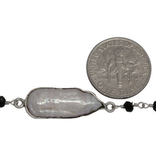 Load image into Gallery viewer, Brass Silver Plated 3.30mm Width by 2.40mm Length Hand Cut Black Spinel Gem Stone, Followed by 7.40mm Width by 17.10mm Length approximately Biwa Pearl Bezel Set, Gem Stone Chain. Price per: 1 Inch.