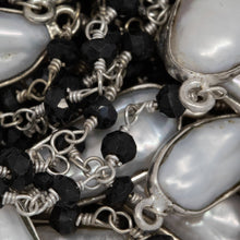Load image into Gallery viewer, Brass Silver Plated 3.30mm Width by 2.40mm Length Hand Cut Black Spinel Gem Stone, Followed by 7.40mm Width by 17.10mm Length approximately Biwa Pearl Bezel Set, Gem Stone Chain. Price per: 1 Inch.