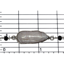 Load image into Gallery viewer, Brass Silver Plated 3.30mm Width by 2.40mm Length Hand Cut Black Spinel Gem Stone, Followed by 7.40mm Width by 17.10mm Length approximately Biwa Pearl Bezel Set, Gem Stone Chain. Price per: 1 Inch.