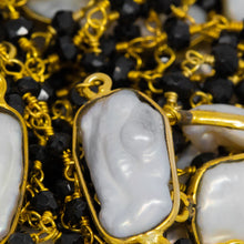Load image into Gallery viewer, Brass Gold Plated 3.30mm Width by 2.40mm Length Hand Cut Black Spinel Gem Stone, Followed by 7.40mm Width by 17.10mm Length approximately Biwa Pearl Bezel Set, Gem Stone Chain. Price per: 1 Inch.
