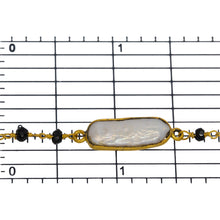 Load image into Gallery viewer, Brass Gold Plated 3.30mm Width by 2.40mm Length Hand Cut Black Spinel Gem Stone, Followed by 7.40mm Width by 17.10mm Length approximately Biwa Pearl Bezel Set, Gem Stone Chain. Price per: 1 Inch.