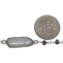 Load image into Gallery viewer, Brass Silver Plated 3.35mm Width by 2.70mm Length Hand Cut Iolite Stone, Followed by 7.75mm Width by 18.63mm Length approximately Biwa Pearl Bezel Set, Gem Stone Chain. Price per: 1 Inch.