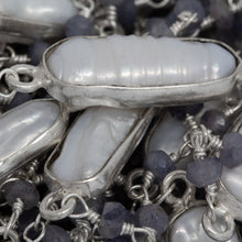 Load image into Gallery viewer, Brass Silver Plated 3.35mm Width by 2.70mm Length Hand Cut Iolite Stone, Followed by 7.75mm Width by 18.63mm Length approximately Biwa Pearl Bezel Set, Gem Stone Chain. Price per: 1 Inch.