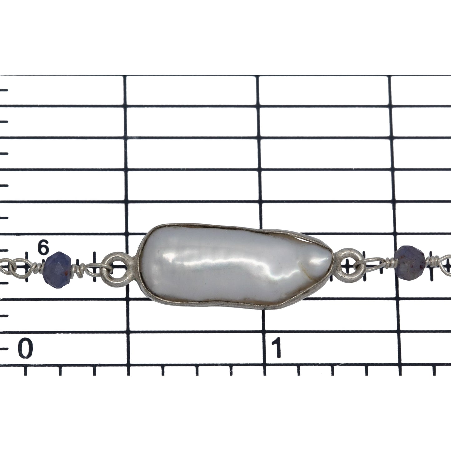 Brass Silver Plated 3.35mm Width by 2.70mm Length Hand Cut Iolite Stone, Followed by 7.75mm Width by 18.63mm Length approximately Biwa Pearl Bezel Set, Gem Stone Chain. Price per: 1 Inch.