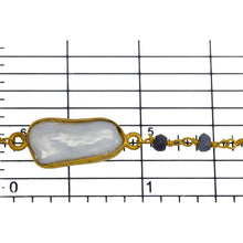 Load image into Gallery viewer, Brass Gold Plated 3.35mm Width by 2.70mm Length Hand Cut Iolite Stone, Followed by 7.75mm Width by 18.63mm Length approximately Biwa Pearl Bezel Set, Gem Stone Chain. Price per: 1 Inch.