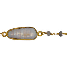 Load image into Gallery viewer, Chain by Foot. Brass Gold Plated 3.45mm Width by 2.15mm Length Hand Cut Labradorite Stone, Followed by 7.35mm Width by 19.28mm Length approximately Biwa Pearl Bezel Set, Gem Stone Chain. Price per: 1 Inch.