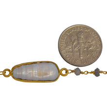 Load image into Gallery viewer, Brass Gold Plated 3.45mm Width by 2.15mm Length Hand Cut Labradorite Stone, Followed by 7.35mm Width by 19.28mm Length approximately Biwa Pearl Bezel Set, Gem Stone Chain. Price per: 1 Inch.