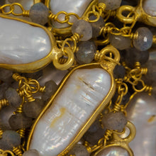 Load image into Gallery viewer, Brass Gold Plated 3.45mm Width by 2.15mm Length Hand Cut Labradorite Stone, Followed by 7.35mm Width by 19.28mm Length approximately Biwa Pearl Bezel Set, Gem Stone Chain. Price per: 1 Inch.