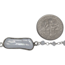 Load image into Gallery viewer, Brass Silver Plated 2.86mm Width by 2.36mm Length Hand Cut Rainbow Moon Stone, Followed by 8.19mm Width by 19.70mm Length approximately Biwa Pearl Bezel Set, Gem Stone Chain. Price per: 1 Inch.