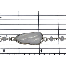 Load image into Gallery viewer, Brass Silver Plated 2.86mm Width by 2.36mm Length Hand Cut Rainbow Moon Stone, Followed by 8.19mm Width by 19.70mm Length approximately Biwa Pearl Bezel Set, Gem Stone Chain. Price per: 1 Inch.