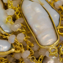 Load image into Gallery viewer, Brass Gold Plated 2.86mm Width by 2.36mm Length Hand Cut Rainbow Moon Stone, Followed by 8.19mm Width by 19.70mm Length approximately Biwa Pearl Bezel Set, Gem Stone Chain. Price per: 1 Inch.