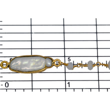 Load image into Gallery viewer, Brass Gold Plated 2.86mm Width by 2.36mm Length Hand Cut Rainbow Moon Stone, Followed by 8.19mm Width by 19.70mm Length approximately Biwa Pearl Bezel Set, Gem Stone Chain. Price per: 1 Inch.