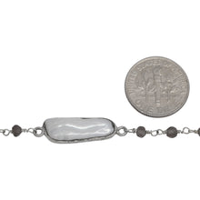 Load image into Gallery viewer, Brass Silver Plated 3.15mm Width by 2.87mm Length Hand Cut Smoky Quartz, Followed by 7.40mm Width by 19.03mm Length approximately Biwa Pearl Bezel Set, Gem Stone Chain. Price per: 1 Inch.
