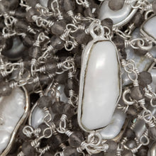 Load image into Gallery viewer, Brass Silver Plated 3.15mm Width by 2.87mm Length Hand Cut Smoky Quartz, Followed by 7.40mm Width by 19.03mm Length approximately Biwa Pearl Bezel Set, Gem Stone Chain. Price per: 1 Inch.