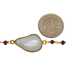 Load image into Gallery viewer, Brass Gold Plated 3.45mm Width by 2.45mm Length Hand Cut Garnet Stone, Followed by 8.31mm Width by 18.88mm Length approximately Biwa Pearl Bezel Set, Gem Stone Chain. Price per: 1 Inch.