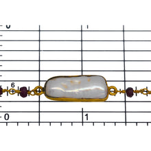 Load image into Gallery viewer, Brass Gold Plated 3.45mm Width by 2.45mm Length Hand Cut Garnet Stone, Followed by 8.31mm Width by 18.88mm Length approximately Biwa Pearl Bezel Set, Gem Stone Chain. Price per: 1 Inch.