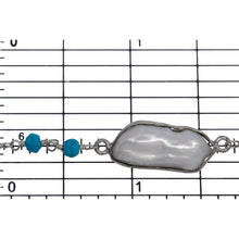 Load image into Gallery viewer, Brass Silver Plated 2.9mm Width by 3.5mm Length Hand Cut Turquoise Stone, Followed by 8.19mm Width by 18.70mm Length approximately Biwa Pearl Bezel Set, Gem Stone Chain. Price per: 1 Inch.