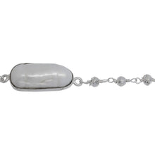 Load image into Gallery viewer, Chain by Foot. Brass Silver Plated 2.69mm Width by 2.95mm Length Hand Cut Silver Pyrite Stone, Followed by 8.19mm Width by 18.70mm Length approximately Biwa Pearl Bezel Set, Gem Stone Chain. Price per: 1 Inch.