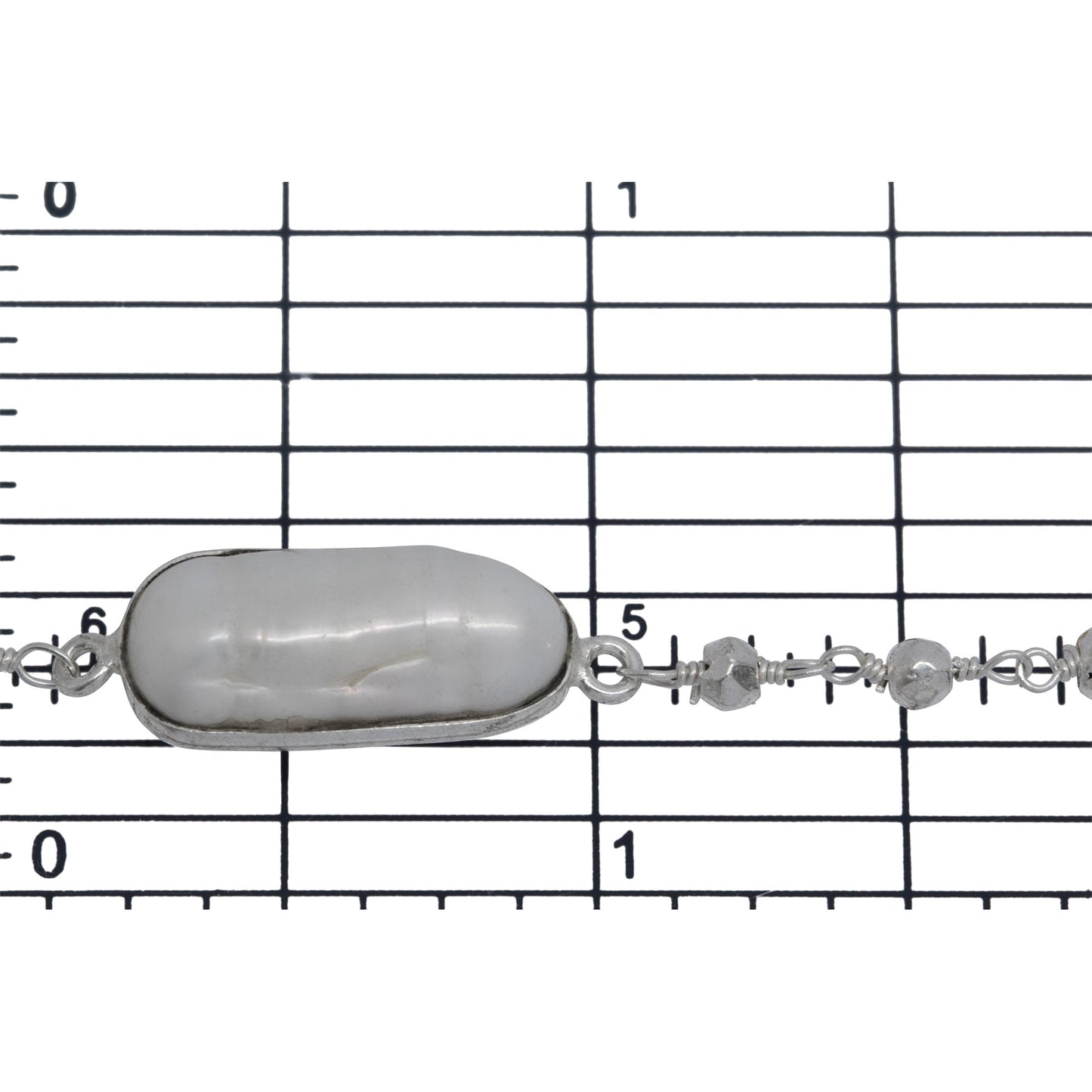 Brass Silver Plated 2.69mm Width by 2.95mm Length Hand Cut Silver Pyrite Stone, Followed by 8.19mm Width by 18.70mm Length approximately Biwa Pearl Bezel Set, Gem Stone Chain. Price per: 1 Inch.