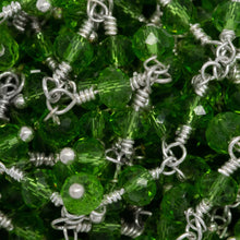 Load image into Gallery viewer, Brass Silver Plated 3.50mm Width by 2.65mm Length Natural Hand Cut Peridot Quartz, With Two of 3.50mm Width by 2.65mm Length Peridot Quartz Hanging off the Chain, Gem Stone Chain. Price per: 1 Inch.