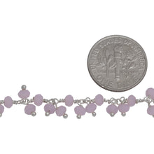 Load image into Gallery viewer, Brass Silver Plated 3.40mm Width by 2.75mm Length Natural Hand Cut Rose Quartz, With Two of 3.40mm Width by 2.75mm Length Rose Quartz Hanging off the Chain, Gem Stone Chain. Price per: 1 Inch.