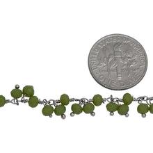 Load image into Gallery viewer, Brass Silver Plated 3.70mm Width by 2.88mm Length Natural Hand Cut Chrysoprase Stone, With Two of 3.53mm Width by 2.80mm Length Chrysoprase Stone Hanging off the Chain, Gem Stone Chain. Price per: 1 Inch.