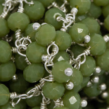 Load image into Gallery viewer, Brass Silver Plated 3.70mm Width by 2.88mm Length Natural Hand Cut Chrysoprase Stone, With Two of 3.53mm Width by 2.80mm Length Chrysoprase Stone Hanging off the Chain, Gem Stone Chain. Price per: 1 Inch.