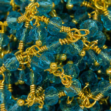 Load image into Gallery viewer, Brass Gold Plated 3.46mm Width by 2.46mm Length Natural Hand Cut London Blue Topaz Shade - Quartz, With Two of 3.46mm Width by 2.46mm Length London Blue Topaz Quartz Hanging off the Chain, Gem Stone Chain. Price per: 1 Inch.