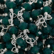 Load image into Gallery viewer, Brass Silver Plated 3.46mm Width by 2.46mm Length Natural Hand Cut Green Aventurine Stone, With Two of 3.46mm Width by 2.46mm Length Green Aventurine Stone Hanging off the Chain, Gem Stone Chain. Price per: 1 Inch.