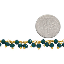 Load image into Gallery viewer, Brass Gold Plated 3.46mm Width by 2.46mm Length Natural Hand Cut Green Aventurine Stone, With Two of 3.46mm Width by 2.46mm Length Green Aventurine Stone Hanging off the Chain, Gem Stone Chain. Price per: 1 Inch.