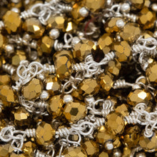 Load image into Gallery viewer, Brass Silver Plated 3.46mm Width by 2.46mm Length Natural Hand Cut Gold Pyrite Stone, With Two of 3.46mm Width by 2.46mm Length Gold Pyrite Stone Hanging off the Chain, Gem Stone Chain. Price per: 1 Inch.