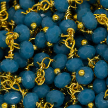 Load image into Gallery viewer, Brass Gold Plated 3.41mm Width by 2.57mm Length Natural Hand Cut Dark Turquoise Stone, With Two of 3.49mm Width by 2.46mm Length Dark Turquoise Stone Hanging off the Chain, Gem Stone Chain. Price per: 1 Inch.