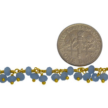 Load image into Gallery viewer, Brass Gold Plated 3.55mm Width by 2.60mm Length Natural Hand Cut Chalcedony Stone, With Two of 3.31mm Width by 2.68mm Length Chalcedony Stone Hanging off the Chain, Gem Stone Chain. Price per: 1 Inch.