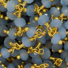 Load image into Gallery viewer, Brass Gold Plated 3.55mm Width by 2.60mm Length Natural Hand Cut Chalcedony Stone, With Two of 3.31mm Width by 2.68mm Length Chalcedony Stone Hanging off the Chain, Gem Stone Chain. Price per: 1 Inch.