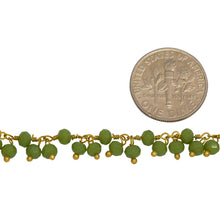 Load image into Gallery viewer, Brass Gold Plated 3.65mm Width by 2.91mm Length Natural Hand Cut Chrysoprase Stone, With Two of 3.51mm Width by 2.72mm Length Chrysoprase Stone Hanging off the Chain, Gem Stone Chain. Price per: 1 Inch.