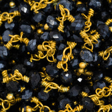 Load image into Gallery viewer, Brass Gold Plated 3.2mm Width by 2.65mm Length Natural Hand Cut Hematite Stone, With Two of 3.2mm Width by 2.65mm Length Hematite Stone Hanging off the Chain, Gem Stone Chain. Price per: 1 Inch.