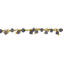 Load image into Gallery viewer, Chain by Foot. Brass Gold Plated 3.53mm Width by 2.43mm Length Natural Hand Cut Iolite Stone, With One of 2.88mm Width by 2.33mm Length Iolite Stone Hanging off the Chain, Gem Stone Chain. Price per: 1 Inch.
