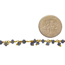 Load image into Gallery viewer, Brass Gold Plated 3.53mm Width by 2.43mm Length Natural Hand Cut Iolite Stone, With One of 2.88mm Width by 2.33mm Length Iolite Stone Hanging off the Chain, Gem Stone Chain. Price per: 1 Inch.